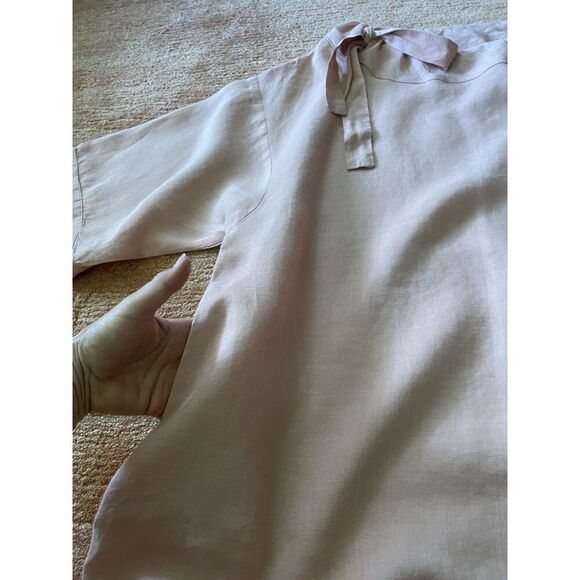 Blush Pink Linen Tunic Women’s Short Sleeve Top Bow Tie Neck Minimalist L/XL - Picture 6 of 7